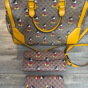 Gucci x Disney Mickey Mouse GG Supreme Tote Bag Set Yellow Leather Trim Satchel